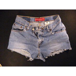 LEVIS Zipper 550 CUTOFF JEAN SHORTS 27 RELAXED Juniors Red Tab STRETCH Blue